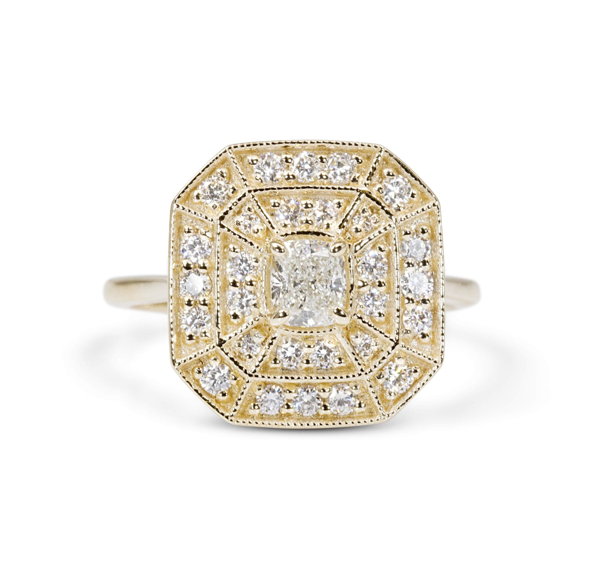 טבעת אירוסין מיוחדת זהב צהוב בסגנון ארט דקו